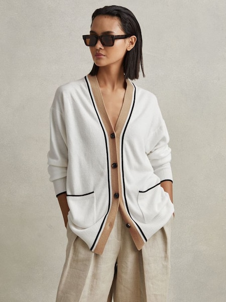 Wool Blend Contrast Trim Cardigan in Ivory/Black (707215) | £78