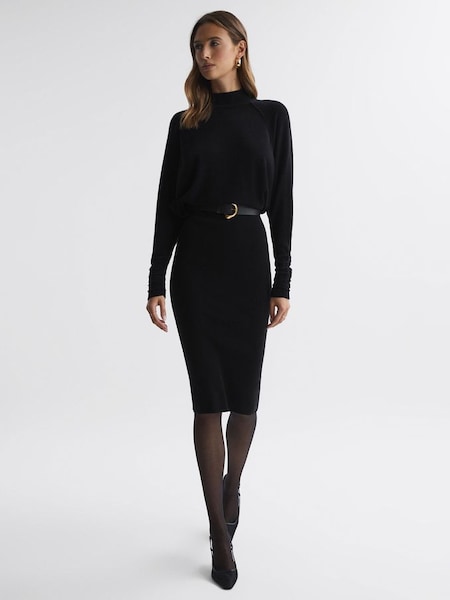 Wool Blend Ruched Sleeve Midi Dress in Black (881871) | £78