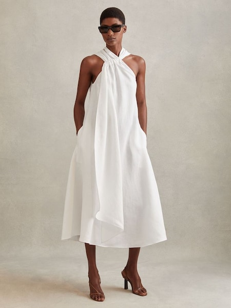 Linen Blend Drape Midi Dress in White (913742) | £98