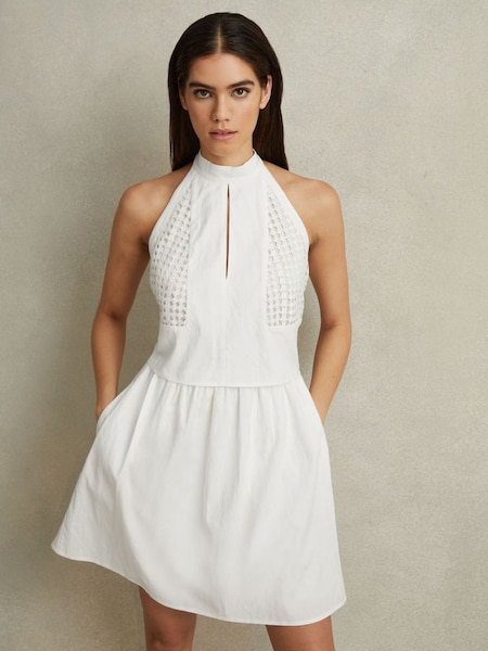 Mini Broderie Halter Neck Dress in White (913881) | £118