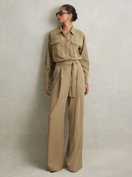 Petite Lyocell Wide Leg Jumpsuit in Khaki (B99532) | £118