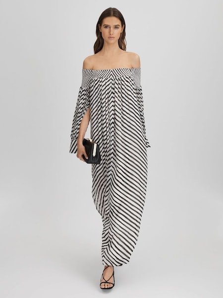 Striped Bardot Maxi Dress in Black/Cream (K80849) | £98