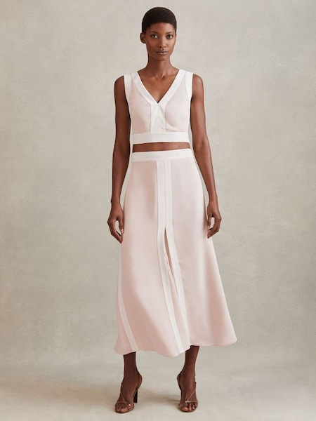 Contrast Trim Co-Ord Midi Skirt in Nude/Ivory (K83103) | £98