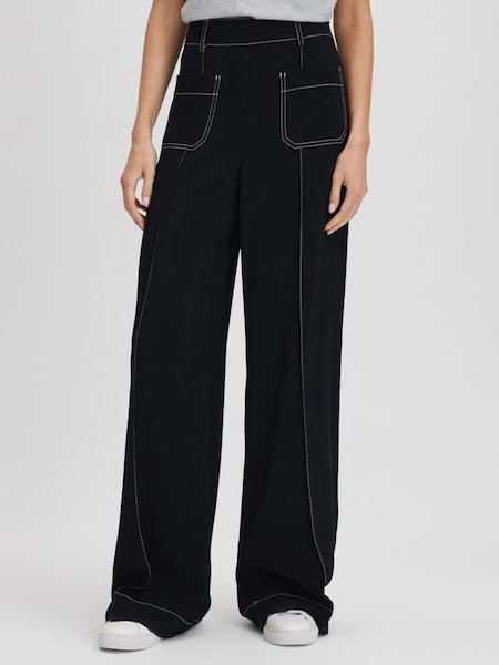 Petite Contrast Stitch Wide Leg Trousers in Black (K93671) | £98