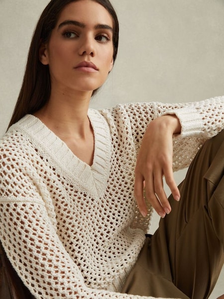 Linen Cotton Open Stitch Jumper in Ivory (N69356) | £78