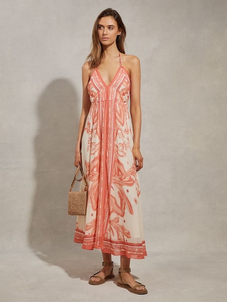 Printed Ruched Waist Midi Dress in Coral (N74414) | £118