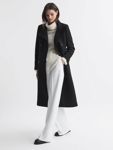 Wool Blend Double Breasted Long Coat in Black (Q85797) | £198