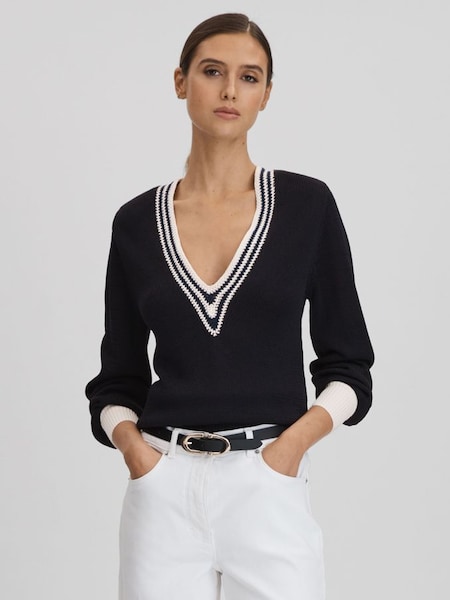 Crochet V-Neck Jumper in Navy/White (Q85803) | £78