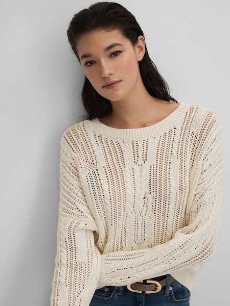 Cotton Blend Open Stitch Crew Neck Jumper in Ivory (Q85811) | £48