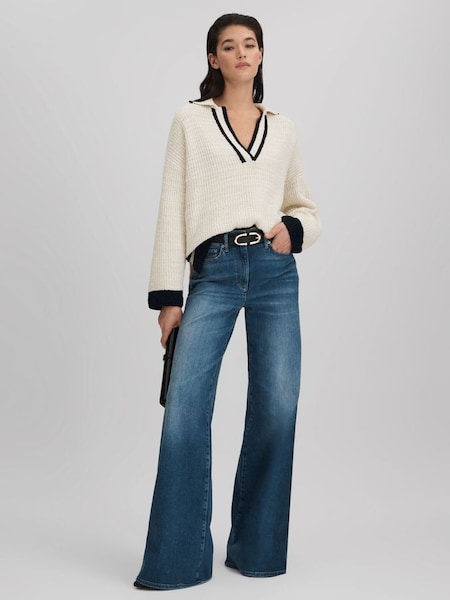 Wool Blend Open Collar Jumper in Cream/Navy (Q85855) | £68