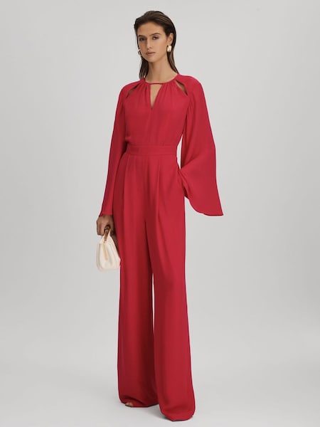 Cut-Out Flared Sleeve Jumpsuit in Coral (Q99114) | £128