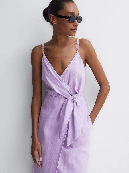 Petite Linen Side Tie Midi Dress in Lilac (U12397) | £80